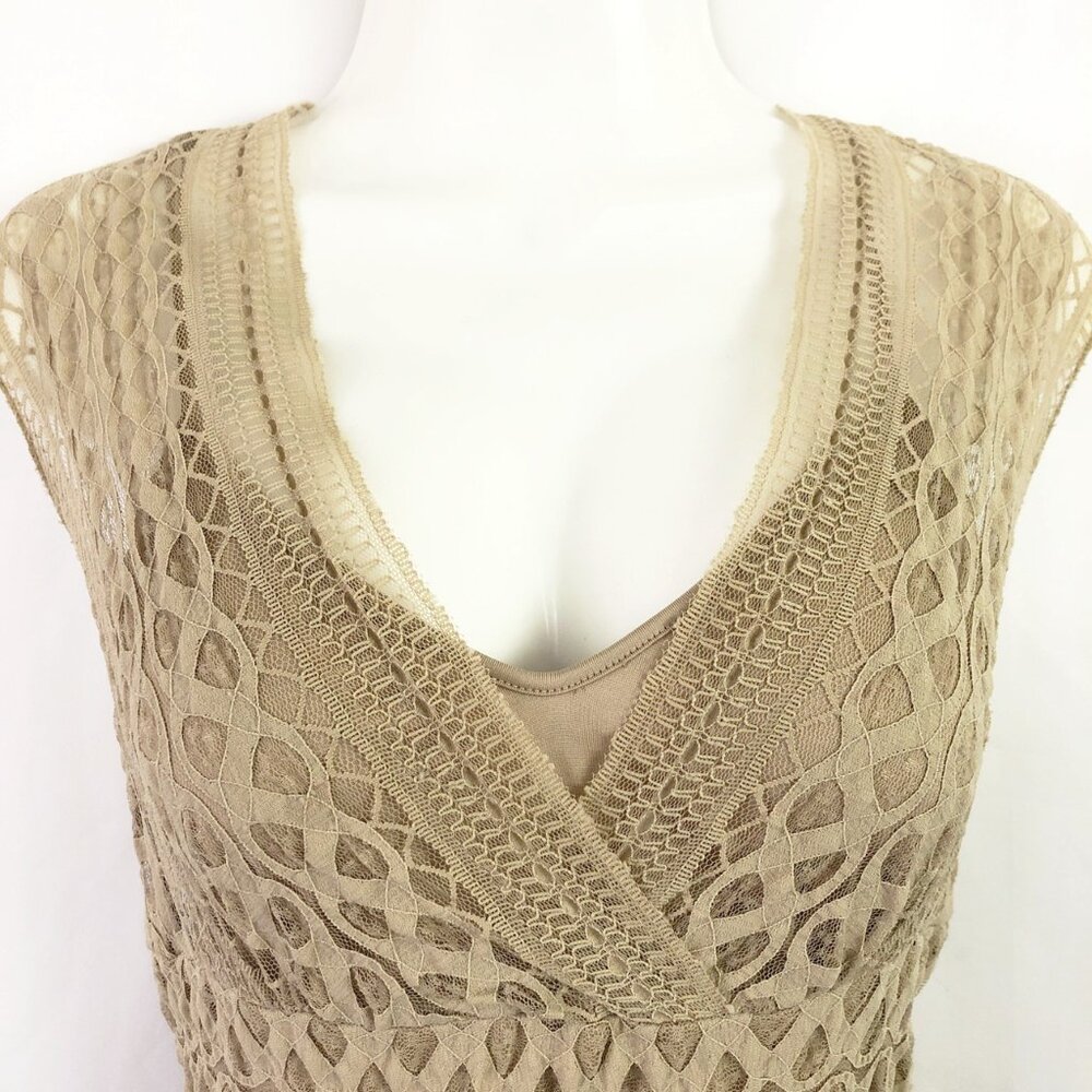 Max Studio Taupe Stretch Lace Midi Dress (L) Fit & Flare Vintage Y2K Coquette - Picture 3 of 9